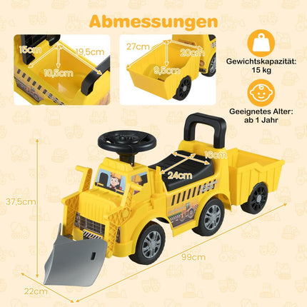 Kids Ride-On Car with Trailer & Scoop, Yellow, Storage