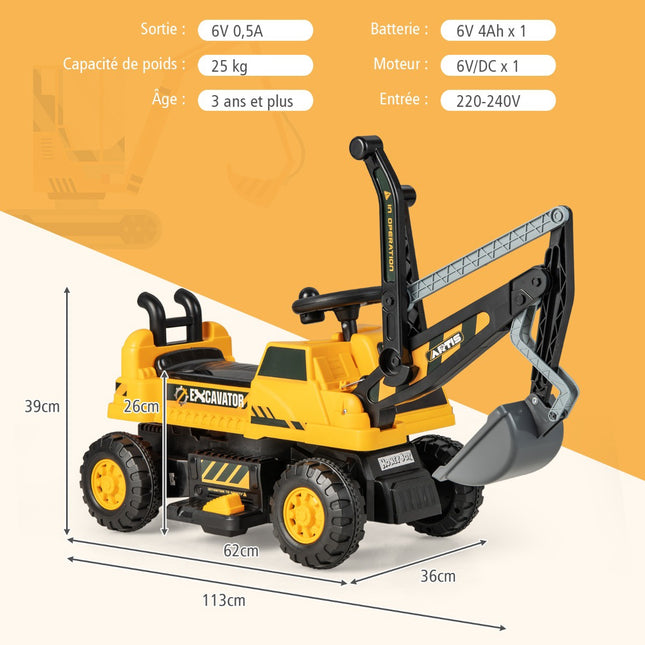 Kids Ride-On Excavator 6V, Rotating Seat, Music