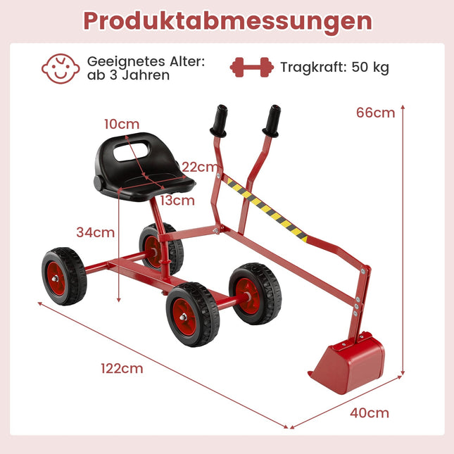 Kids Ride-On Excavator with 360 Rotating Seat, Red