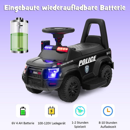 Kids Ride-On Police Car with Megaphone, 6V Battery, Black