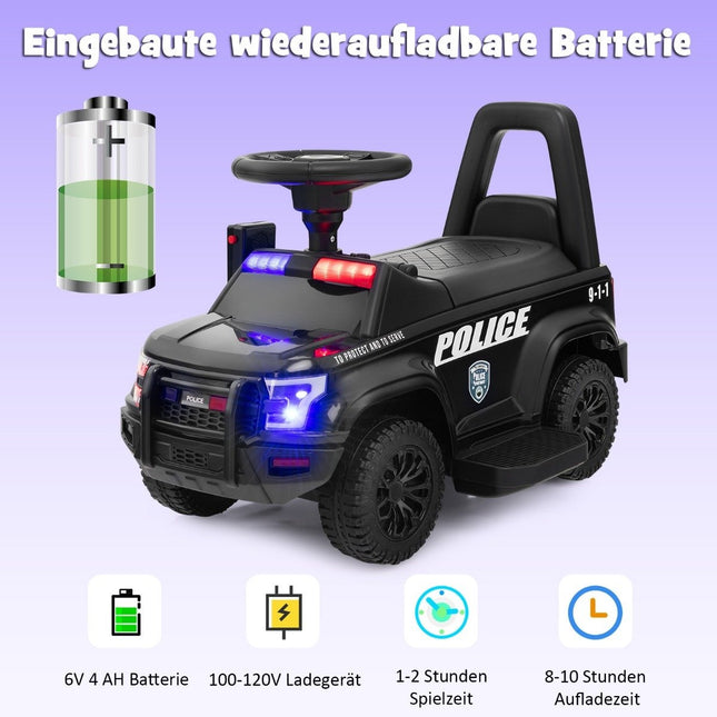 Kids Ride-On Police Car with Megaphone, 6V Battery, Black