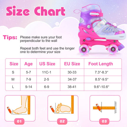 Kids Roller Skates, Adjustable, Light-Up Wheels, Pink