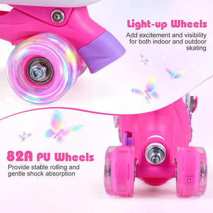 Kids Roller Skates, Adjustable, Light-Up Wheels, Pink