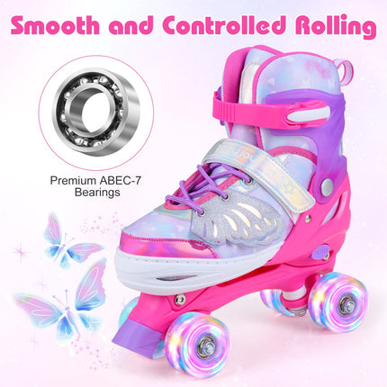Kids Roller Skates, Adjustable, Light-Up Wheels, Pink