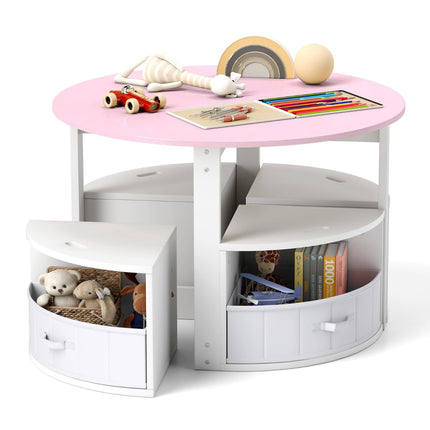 Kids Round Table Set with 4 Storage Stools, Pink