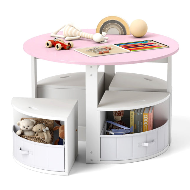 Kids Round Table Set with 4 Storage Stools, Pink