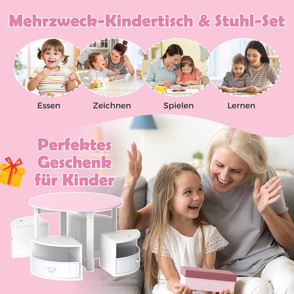 Kids Round Table Set with 4 Storage Stools, Pink