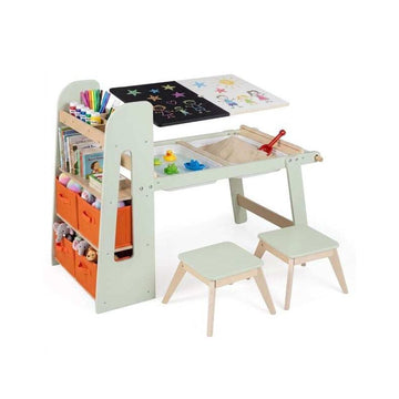 Kids Sensory Art Table with 2 Stools and Paper Roll, Green, 2 Activity Basins