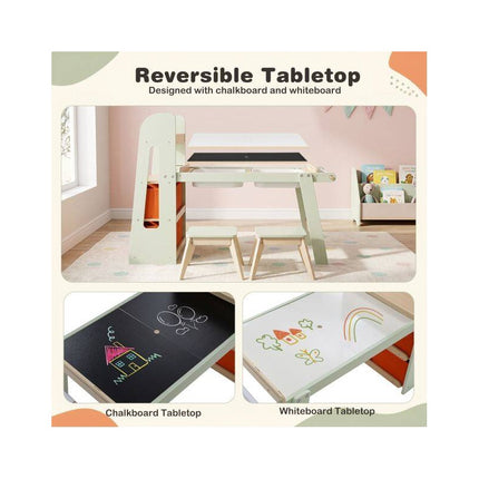 Kids Sensory Art Table with 2 Stools and Paper Roll, Green, 2 Activity Basins