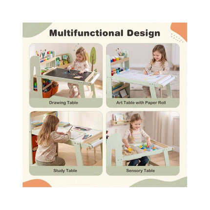 Kids Sensory Art Table with 2 Stools and Paper Roll, Green, 2 Activity Basins