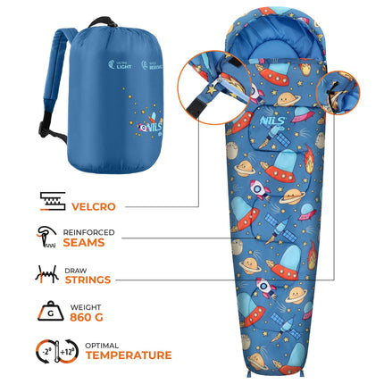 Kids Sleeping Bag With Backpack, 170x60 cm, 12C