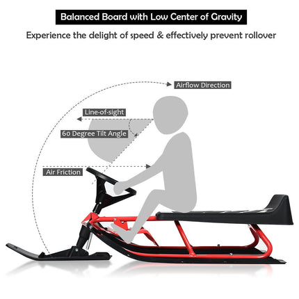 Kids Snow Sled With Steering Wheel, Double Brakes, Pull Rope