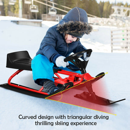 Kids Snow Sled With Steering Wheel, Double Brakes, Pull Rope