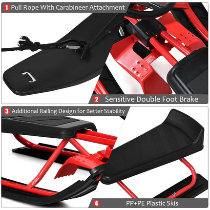 Kids Snow Sled With Steering Wheel, Double Brakes, Pull Rope