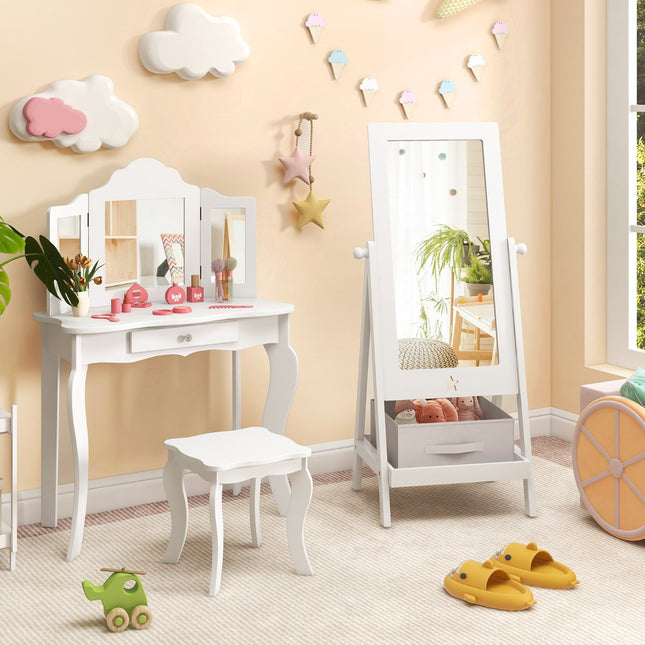 Kids Standing Mirror, 360 Rotating, Shelf and Hooks, White