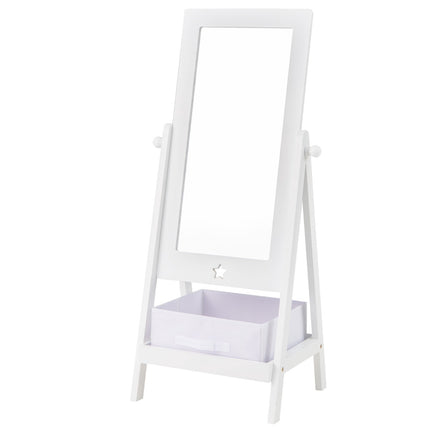 Kids Standing Mirror, 360 Rotating, Shelf and Hooks, White