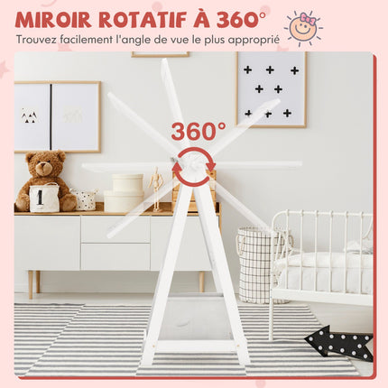 Kids Standing Mirror, 360 Rotating, Shelf and Hooks, White