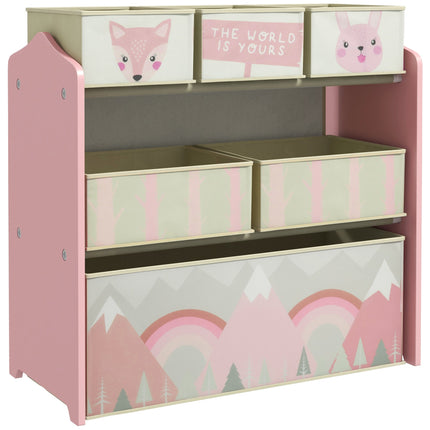 Kids Storage Cabinet with 6 Fabric Boxes, Pink, 63x30x66 cm