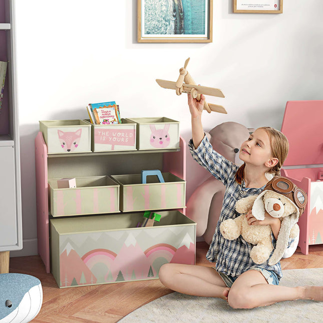 Kids Storage Cabinet with 6 Fabric Boxes, Pink, 63x30x66 cm