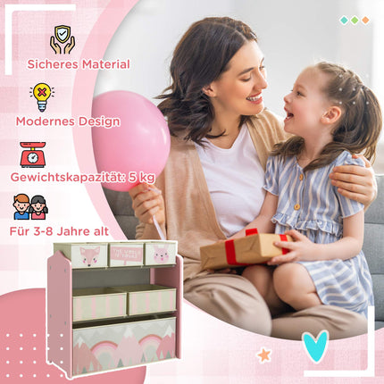 Kids Storage Cabinet with 6 Fabric Boxes, Pink, 63x30x66 cm
