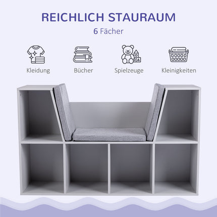 Kids Storage Shelf and Bench with Cushion, White/Grey