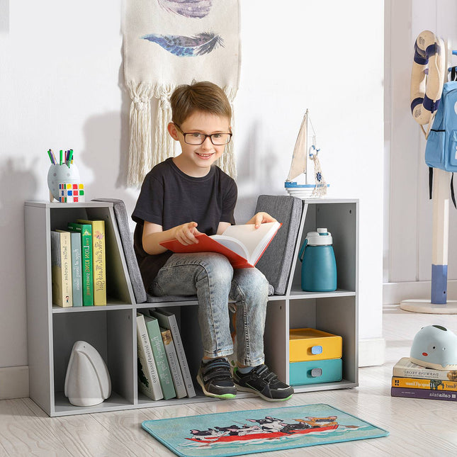 Kids Storage Shelf and Bench with Cushion, White/Grey