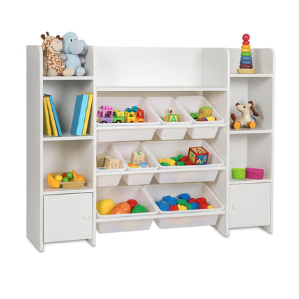 Kids Storage Unit With 8 Bins, White Toy And Book Shelf