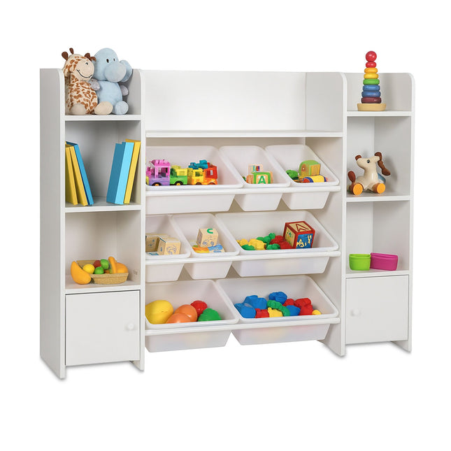 Kids Storage Unit With 8 Bins, White Toy And Book Shelf