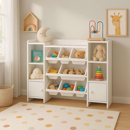 Kids Storage Unit With 8 Bins, White Toy And Book Shelf