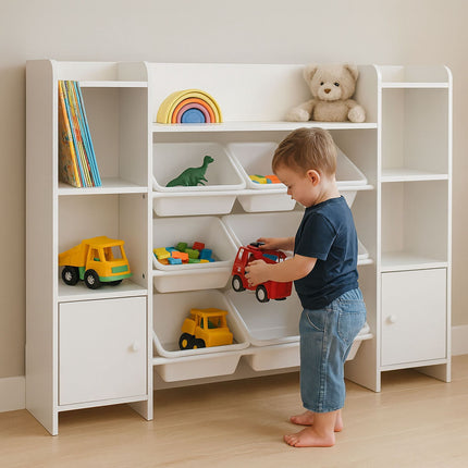 Kids Storage Unit With 8 Bins, White Toy And Book Shelf