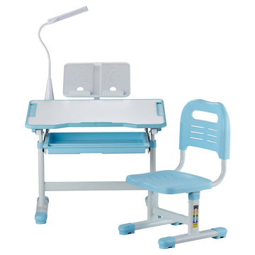 Kids Study Desk and Chair Set, Adjustable Tilt, Lamp, Blue