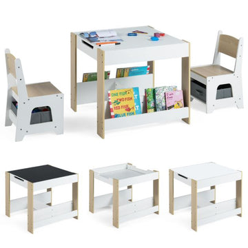 Kindertafel met 2 stoelen, omkeerbaar tafelblad, opbergruimte