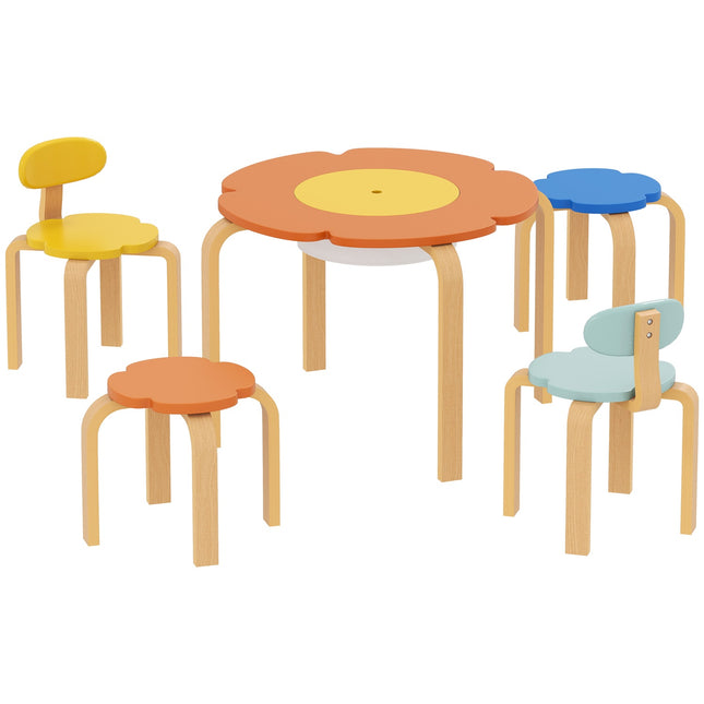 Kids Table & Chair Set, 5-Piece, Flower Shape, Wood