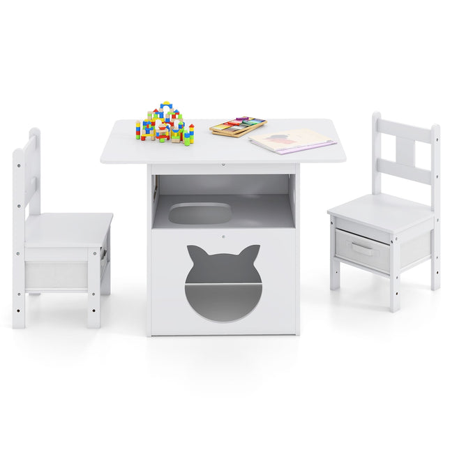 Kids Table Set with Cat House, 2 Chairs, Storage Boxes