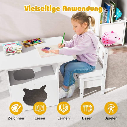 Kids Table Set with Cat House, 2 Chairs, Storage Boxes