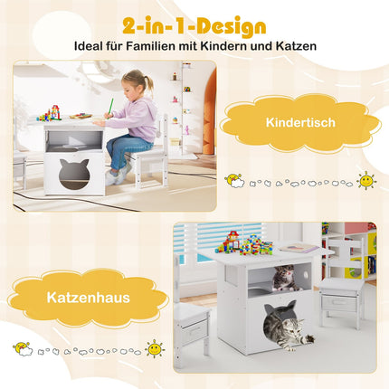 Kids Table Set with Cat House, 2 Chairs, Storage Boxes
