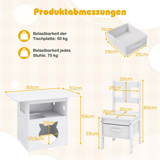 Kids Table Set with Cat House, 2 Chairs, Storage Boxes
