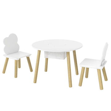 Kindertafel en 2 stoelen set met opbergruimte, wit/naturel