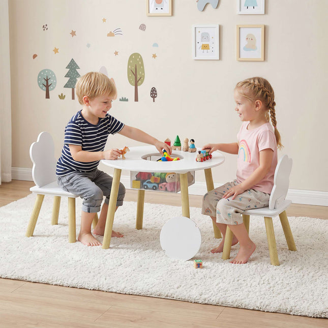 Kids Table and 2 Chairs Set with Storage, White/Natural