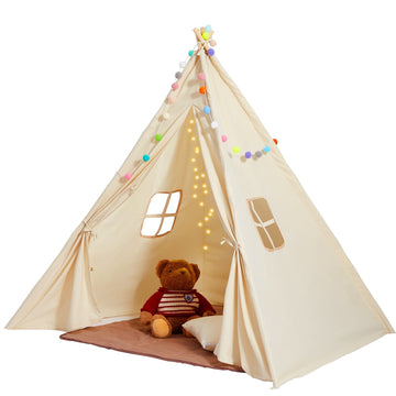 Kids Teepee Play Tent With Mat, Windows, Beige, 1-5 Years