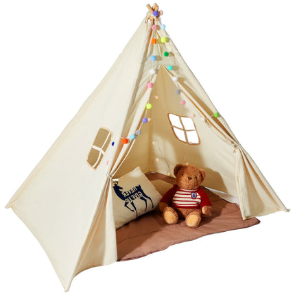 Kids Teepee Play Tent With Mat, Windows, Beige, 1-5 Years