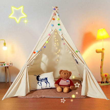 Kids Teepee Play Tent With Mat, Windows, Beige, 1-5 Years