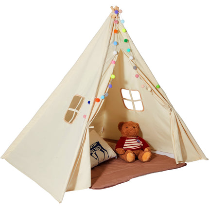 Kids Teepee Play Tent With Mat, Windows, Beige, 1-5 Years