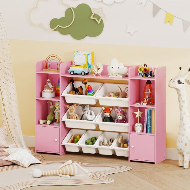 Kids Toy Storage Organizer, 4-Tier, 6 Cubbies, 8 Bins, Pink