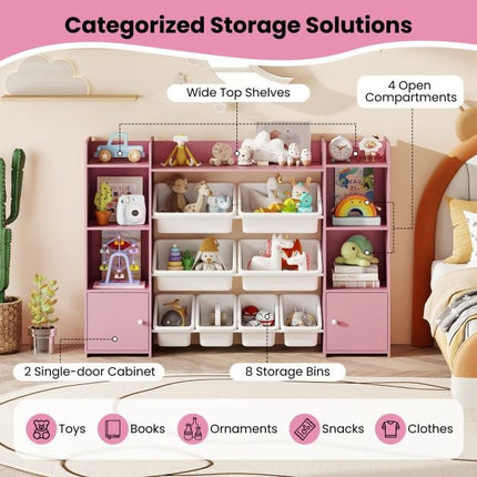 Kids Toy Storage Organizer, 4-Tier, 6 Cubbies, 8 Bins, Pink