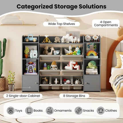 Kids Toy Storage Organizer, 4-Tier, 8 Bins, Grey