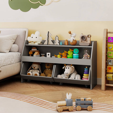 Kids Toy Storage Unit with 2 Movable Drawers and Shelf, Anti-Tip Kit, Grey