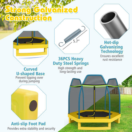 Kids Trampoline With Safety Enclosure Net, 7ft Green