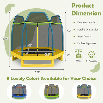 Kids Trampoline With Safety Enclosure Net, 7ft Green