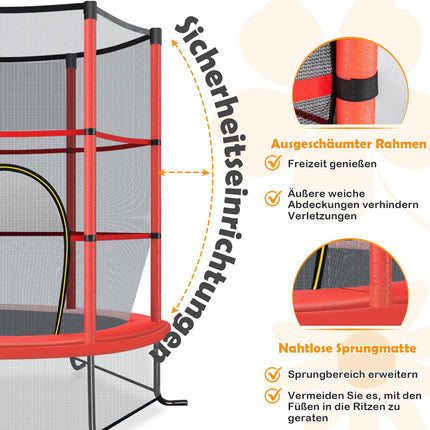 Kids Trampoline with Safety Net, 165cm, 135kg Capacity, Red